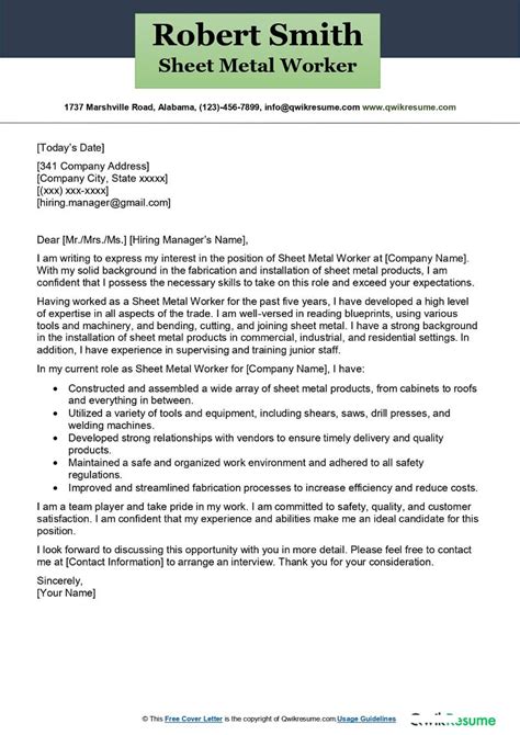 sheet metal fabrication cover letter|sheet metal worker cover letter.